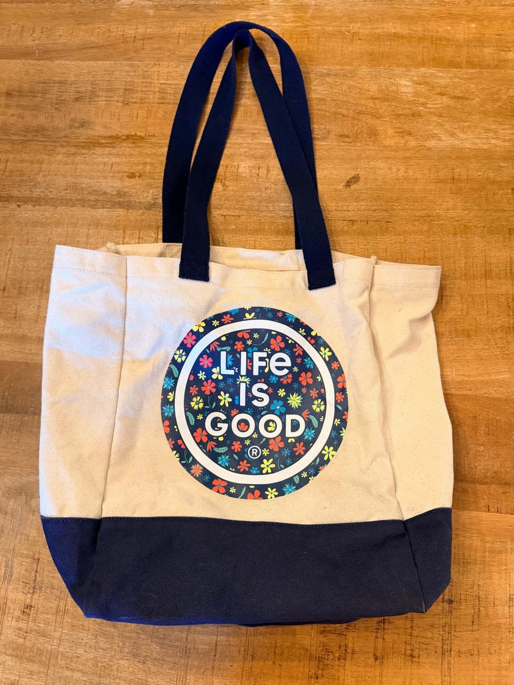 Life is good canvas reusable tote bag navy flowers